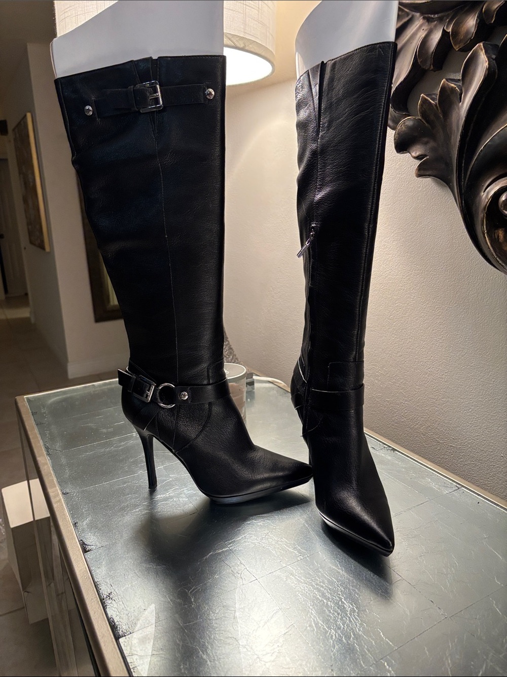 Women's Black Leather Knee-High Pointed Toe Stiletto Boots